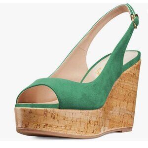 FOWT Green Peep Toe Slingback Platform Wedge High Heel Buckle Open Toe Sandals